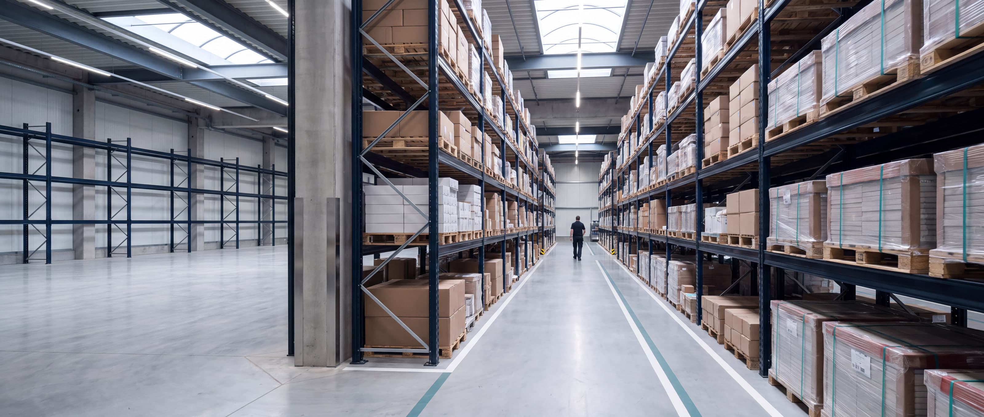Middenpad van een opgeruimd distributiemagazijn met hoge stellingen vol ingepakte dozen en pallets tegels.